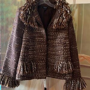 Worth Brown and Buff Tweed Jacket with Fringe Detail